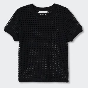 NWT Mango Openwork Cotton-Blend Black Top